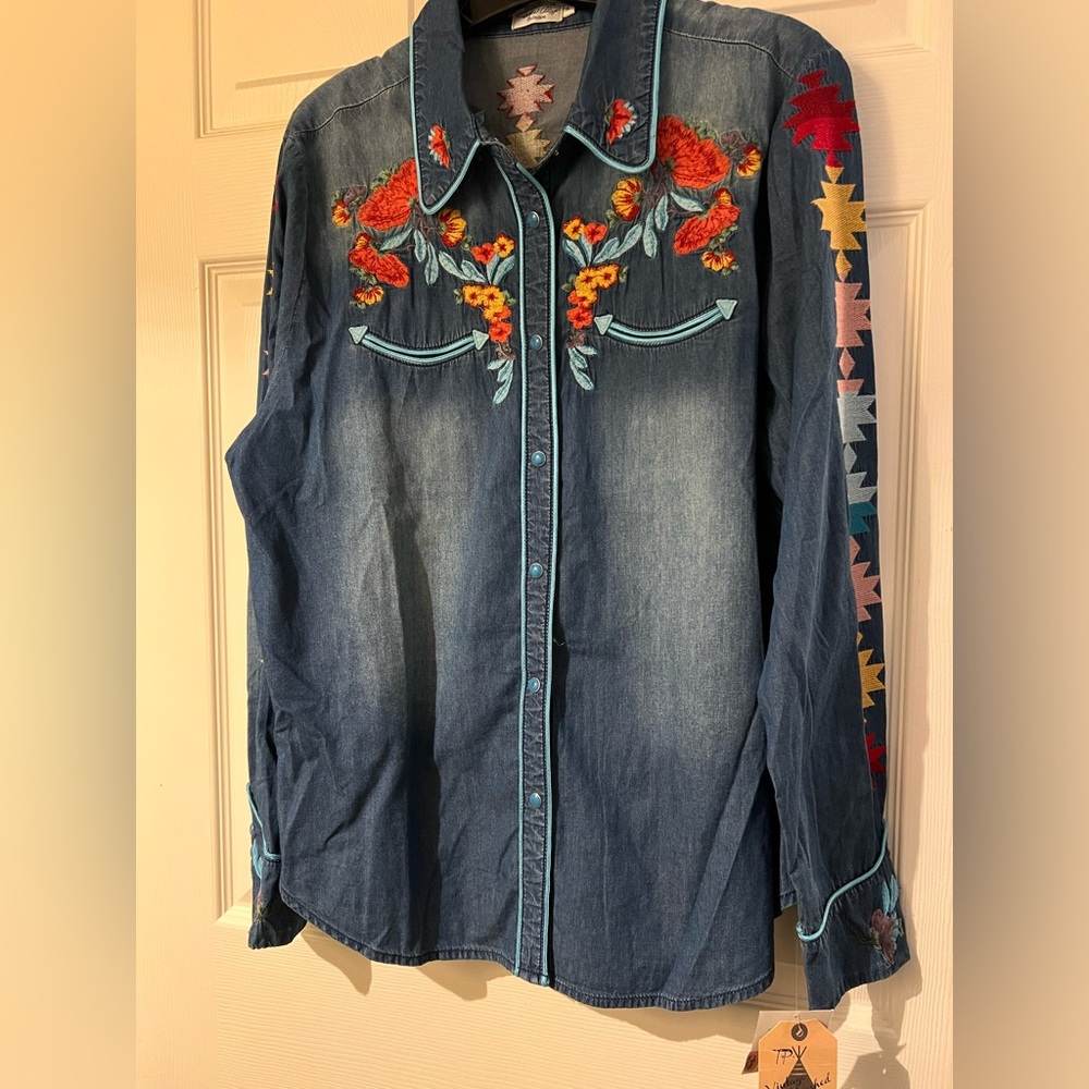 Tasha Polizzi Denim Button-Down Shirt with Red & Orange Floral Embroidery